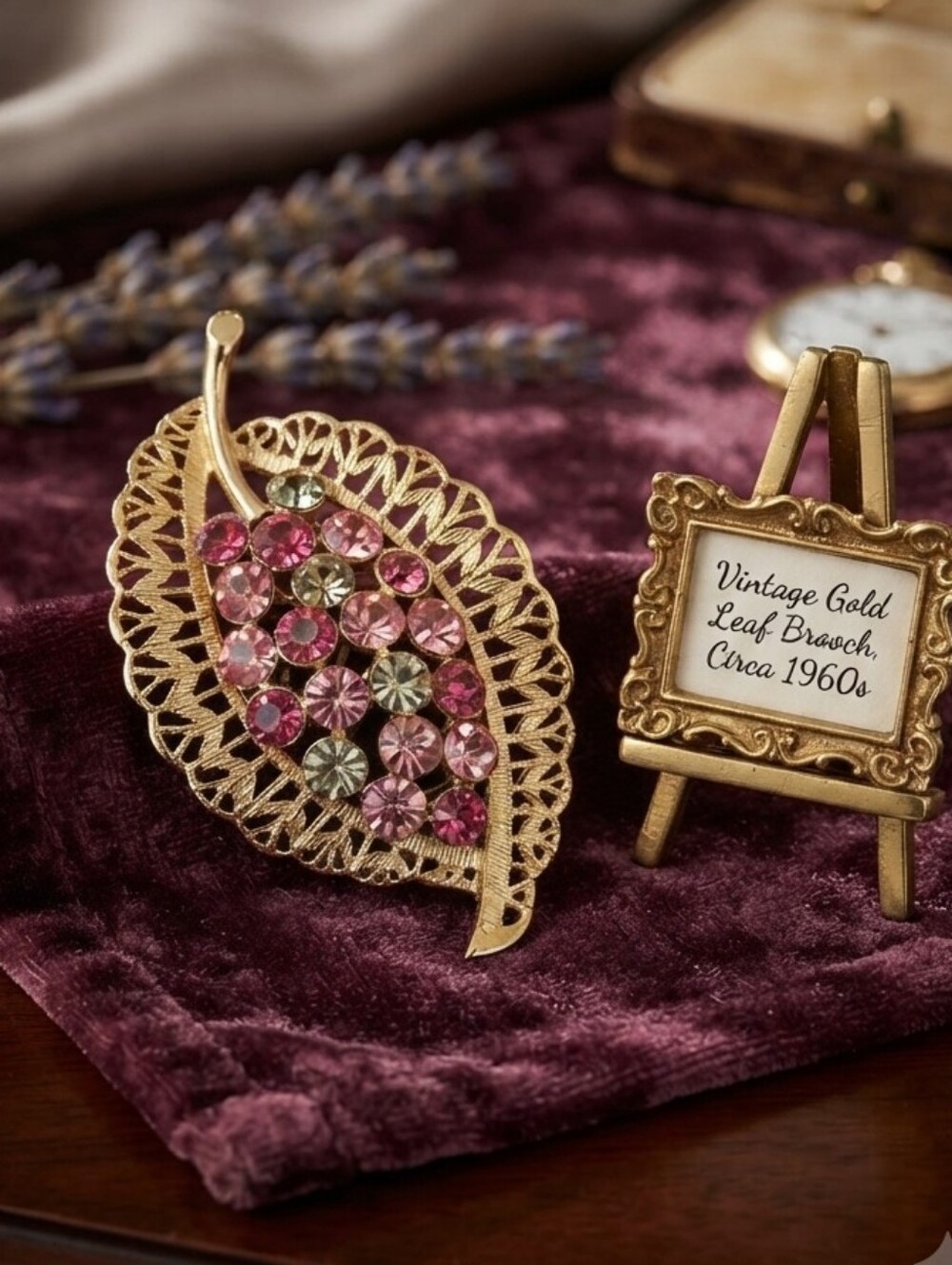 Vintage Inspired Gold Leaf Brooch Pink and Light Rhinestones Statement Jewelry
